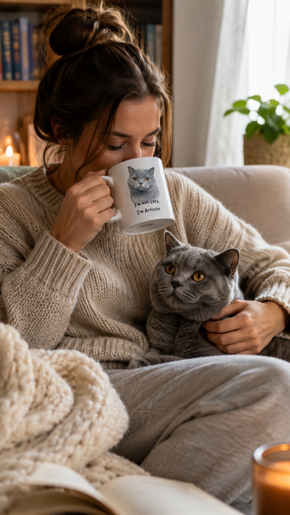 Chica con taza personalizada de gato