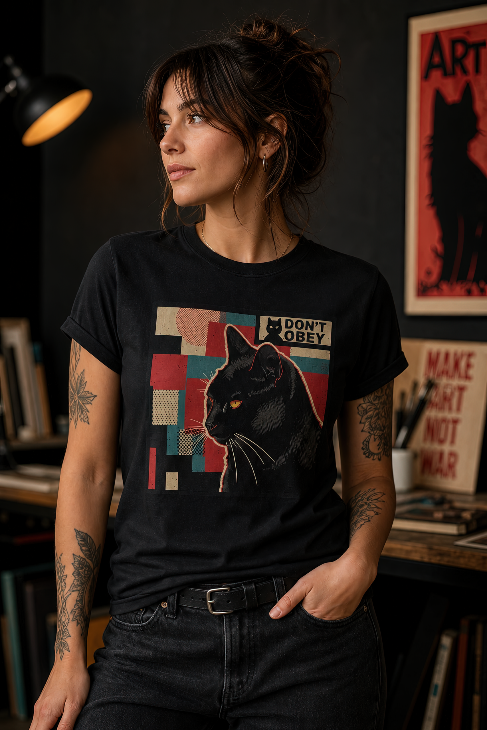 Modelo camiseta gato negro