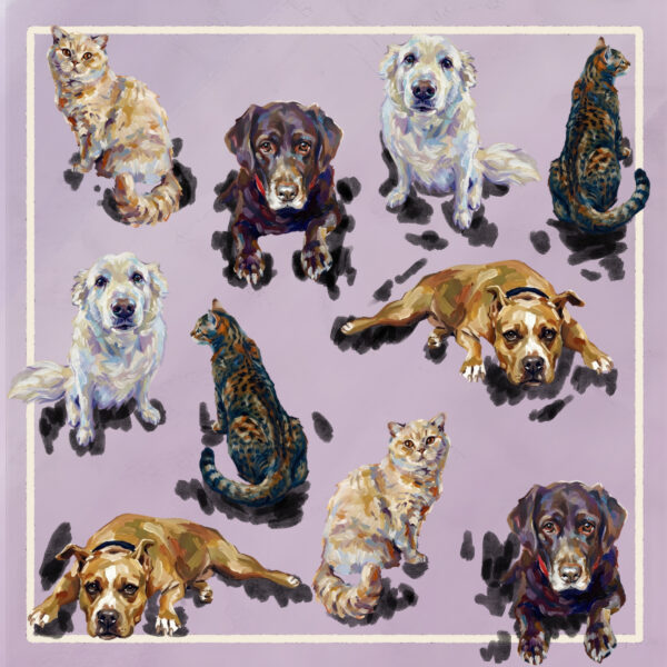 Lilac scarf design with acrylic-painted dogs and cats in various poses